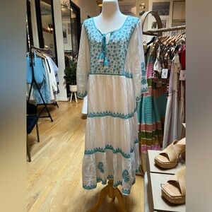 Soft Surroundings 🥰 Boho White & Blue Cotton Embroidered Maxi Dress, XL, EUC